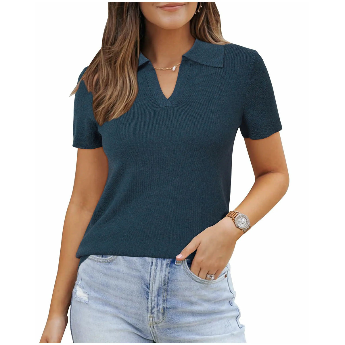 Womens Soft Blend Polo Sweater Top Short Sleeve Chic Summer Outfit