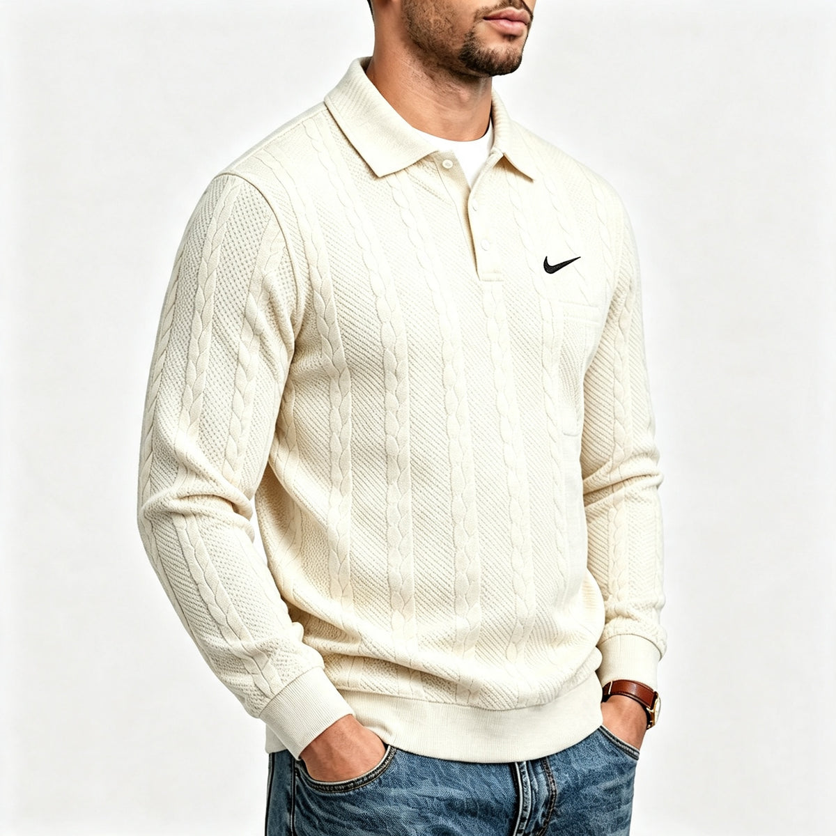 Men's Textured Knit Polo Sweater