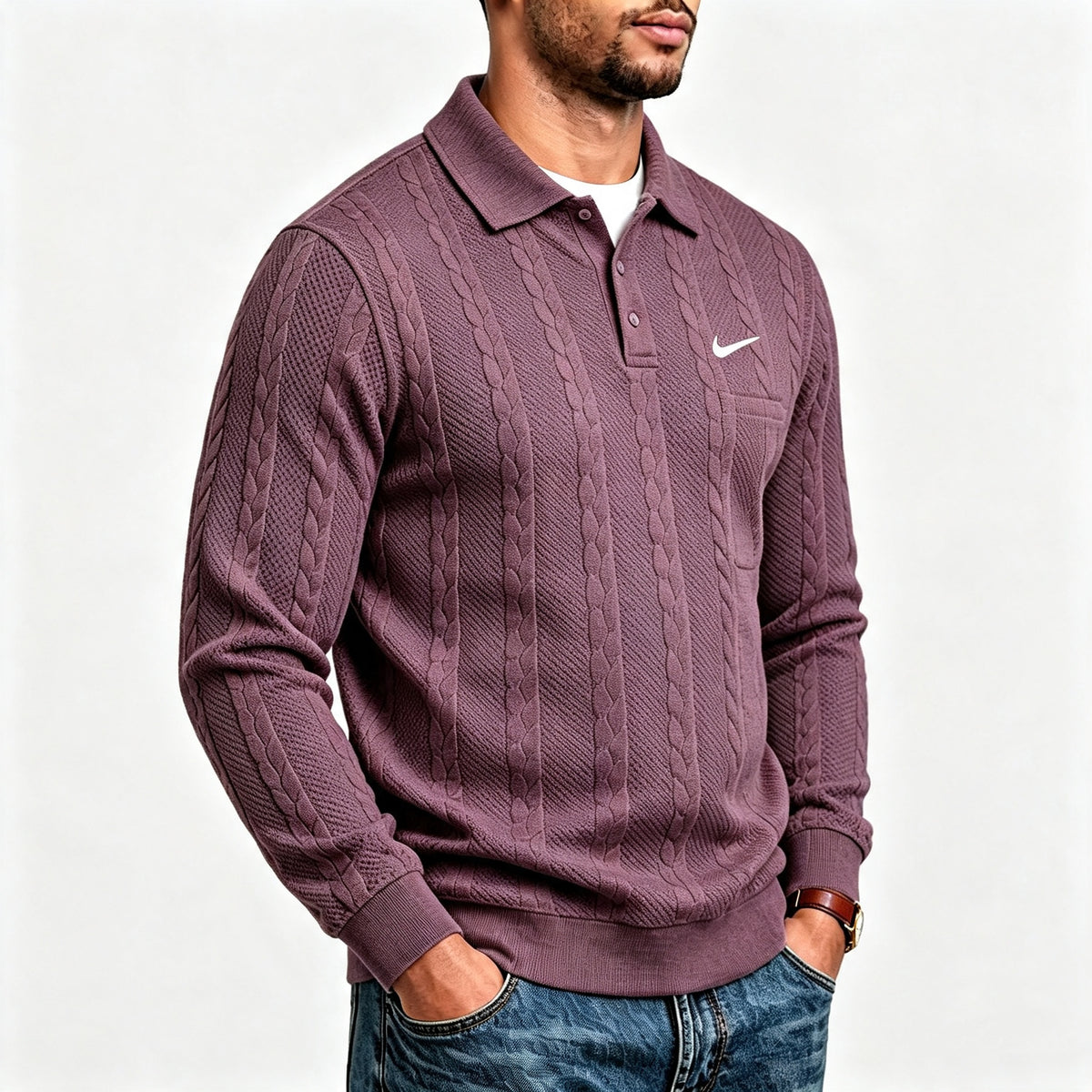 Men's Textured Knit Polo Sweater