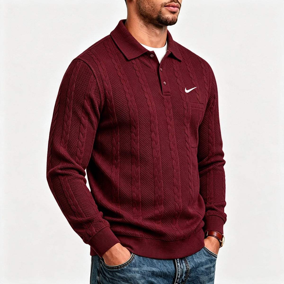 Men's Textured Knit Polo Sweater