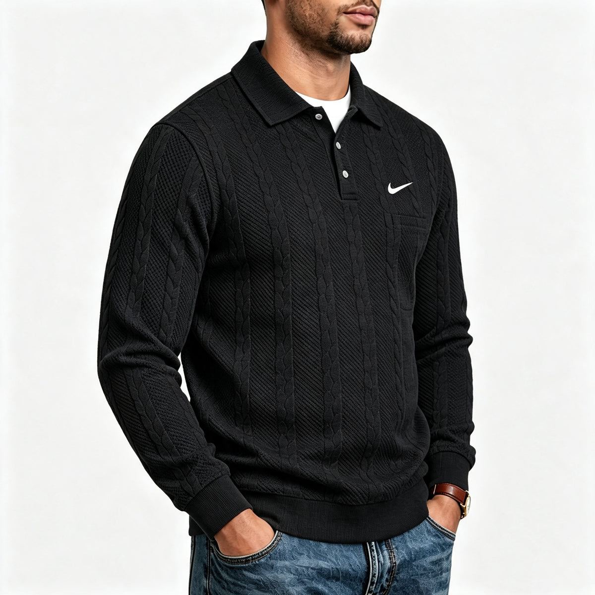 Men's Textured Knit Polo Sweater