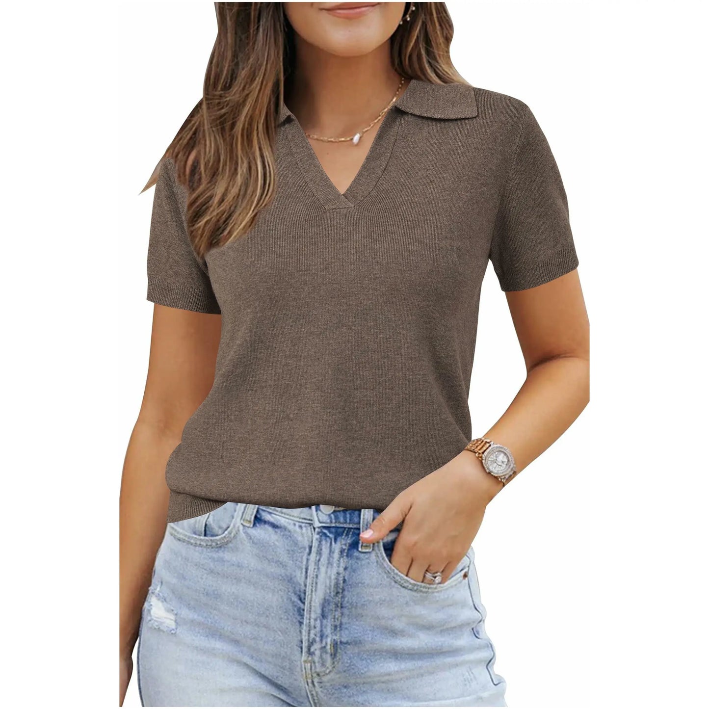Womens Soft Blend Polo Sweater Top Short Sleeve Chic Summer Outfit